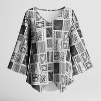 Vintage Aloha Block Quilt Kimono Sleeve Blouse Black Inspired Lei Motifs - Polynesian Pride