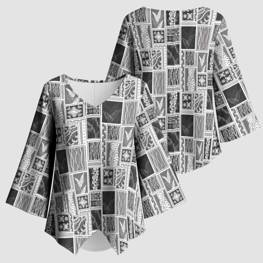 Vintage Aloha Block Quilt Kimono Sleeve Blouse Black Inspired Lei Motifs - Polynesian Pride