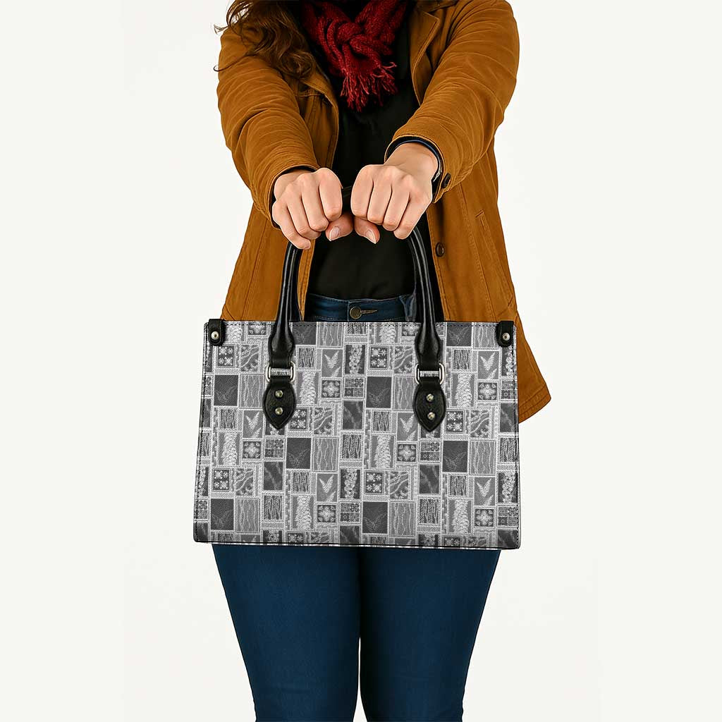 Vintage Aloha Block Quilt Leather Bag Black Inspired Lei Motifs - Polynesian Pride