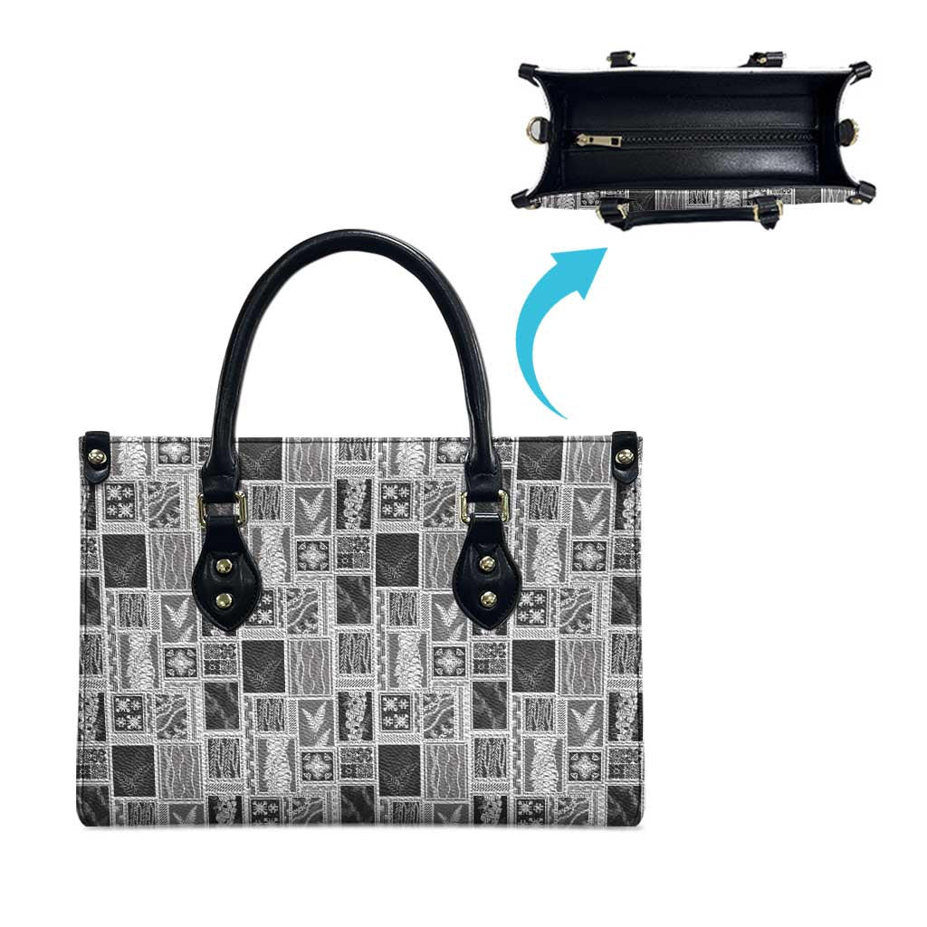 Vintage Aloha Block Quilt Leather Bag Black Inspired Lei Motifs - Polynesian Pride
