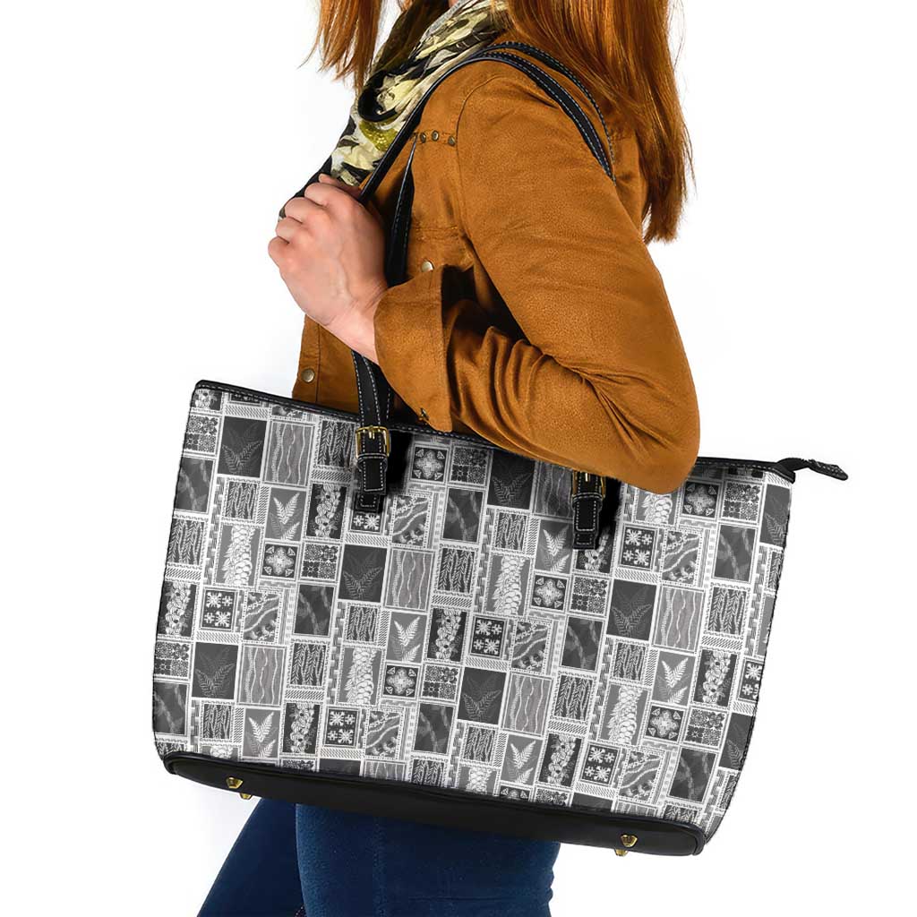 Vintage Aloha Block Quilt Leather Tote Bag Black Inspired Lei Motifs - Polynesian Pride