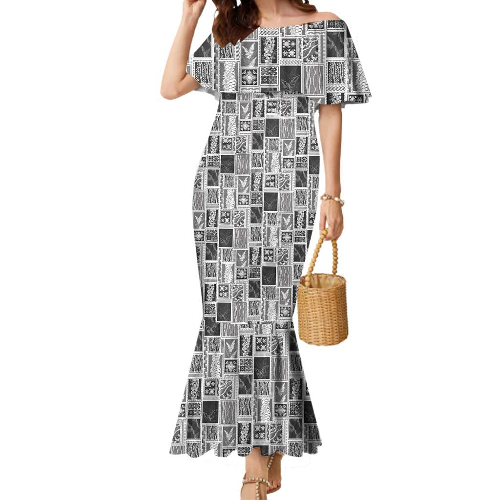 Vintage Aloha Block Quilt Mermaid Dress Black Inspired Lei Motifs - Polynesian Pride