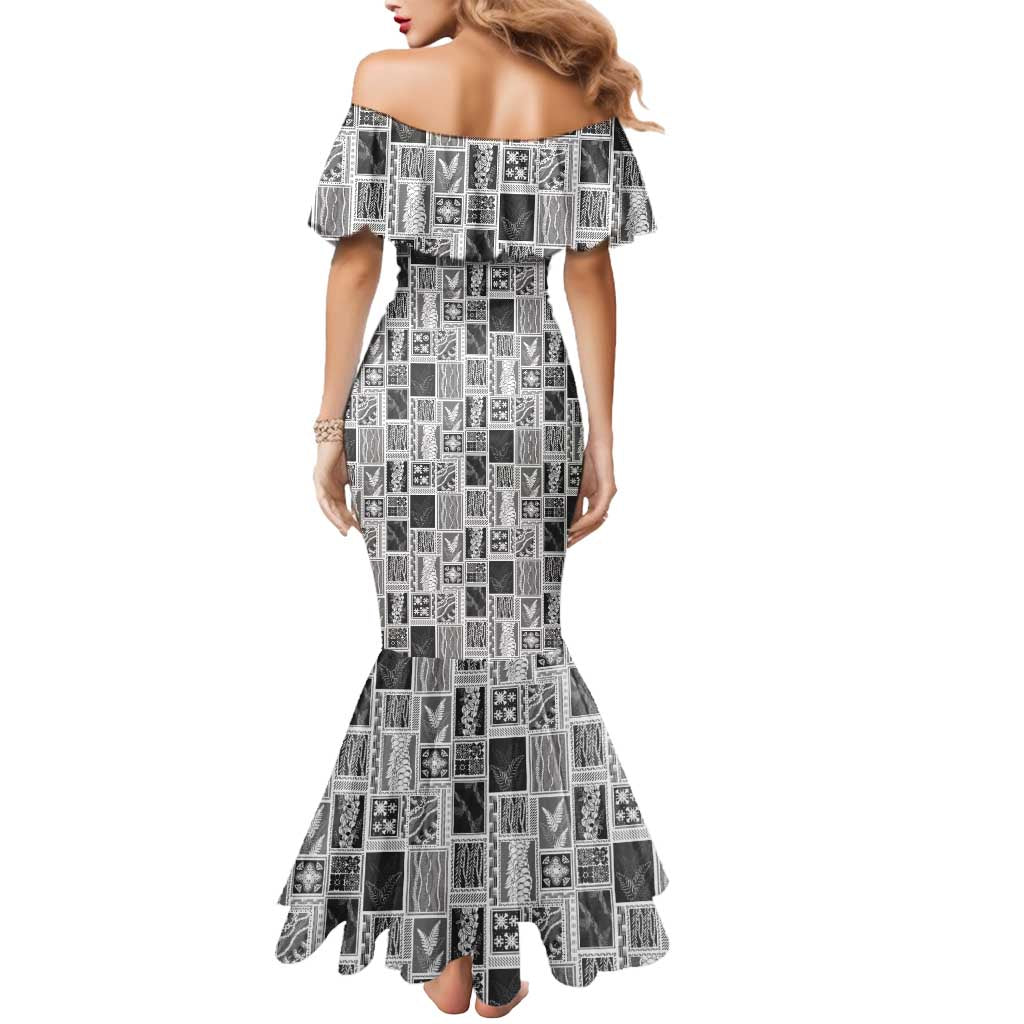 Vintage Aloha Block Quilt Mermaid Dress Black Inspired Lei Motifs - Polynesian Pride