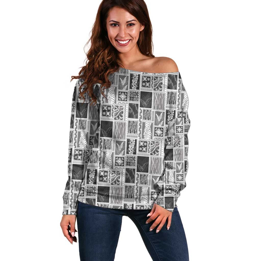 Vintage Aloha Block Quilt Off Shoulder Sweater Black Inspired Lei Motifs - Polynesian Pride