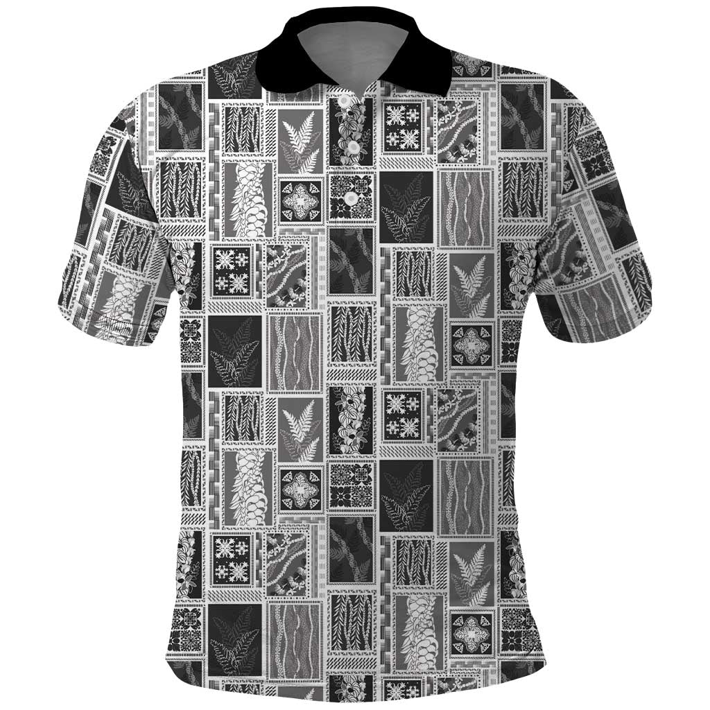 Vintage Aloha Block Quilt Polo Shirt Black Inspired Lei Motifs LT9 Black - Polynesian Pride