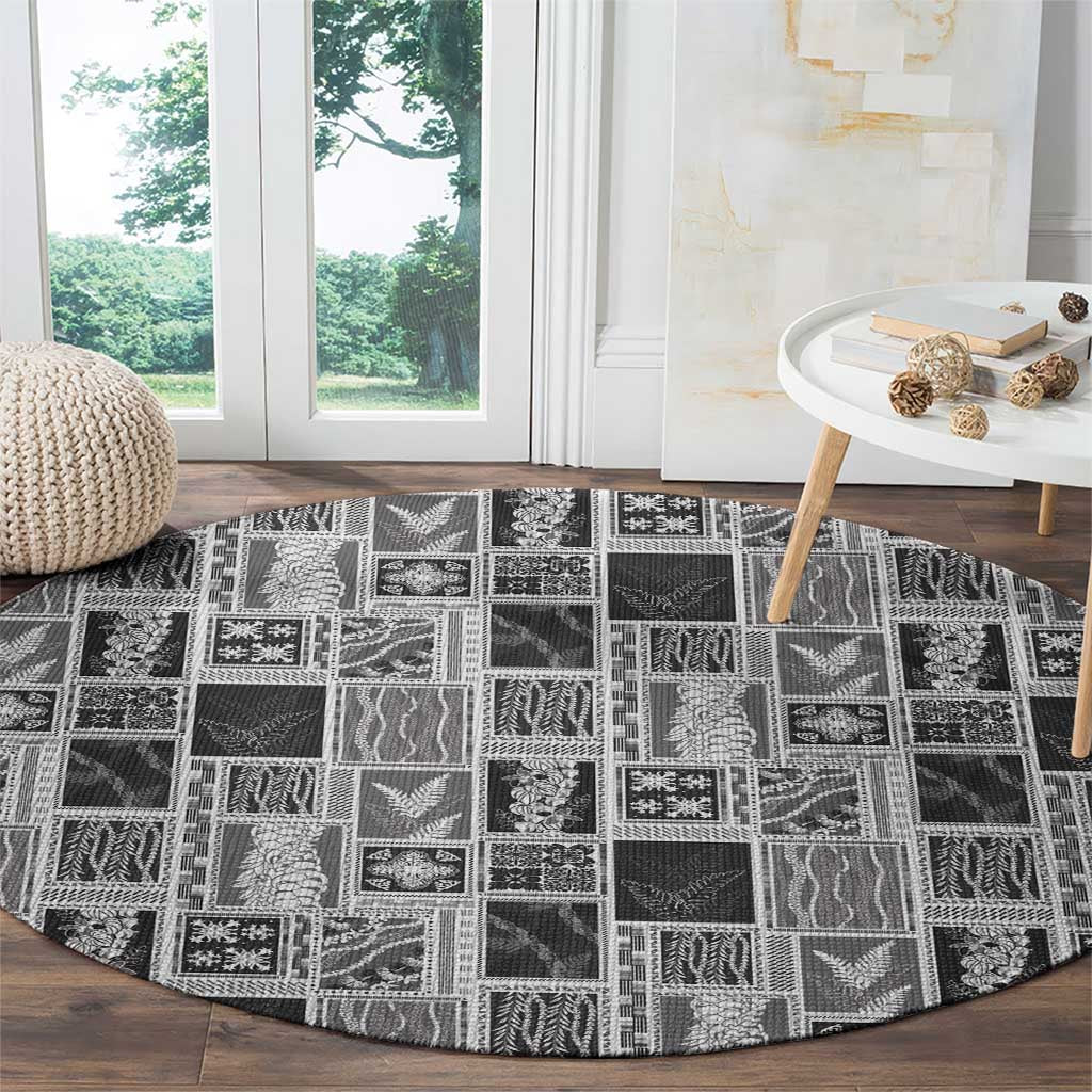 Vintage Aloha Block Quilt Round Carpet Black Inspired Lei Motifs - Polynesian Pride