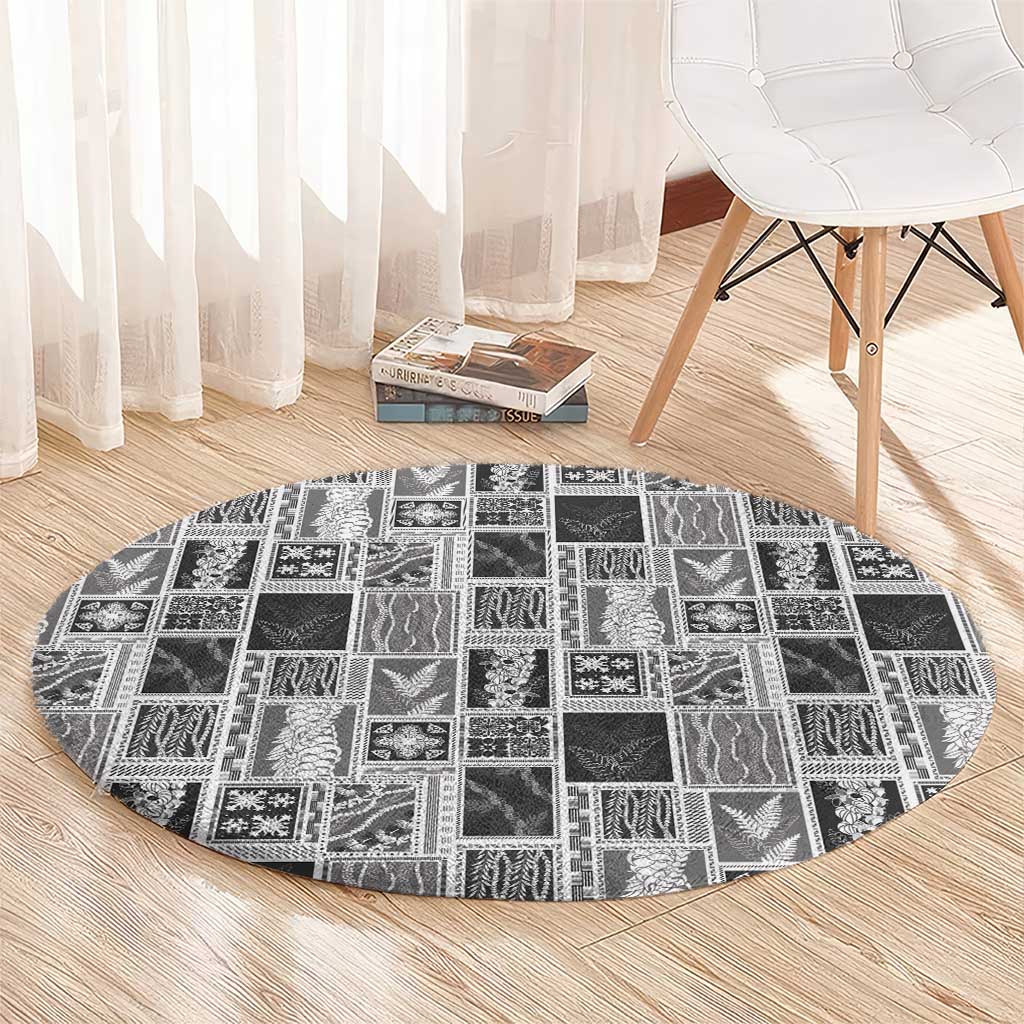 Vintage Aloha Block Quilt Round Carpet Black Inspired Lei Motifs - Polynesian Pride