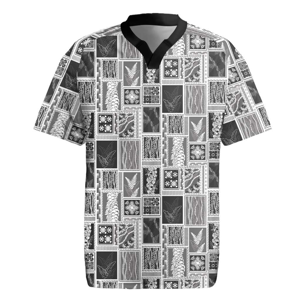 Vintage Aloha Block Quilt Rugby Jersey Black Inspired Lei Motifs - Polynesian Pride