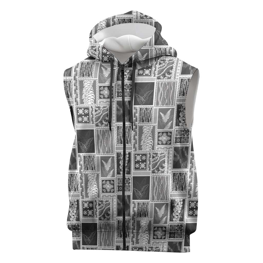 Vintage Aloha Block Quilt Sleeveless Zip Hoodie Black Inspired Lei Motifs - Polynesian Pride