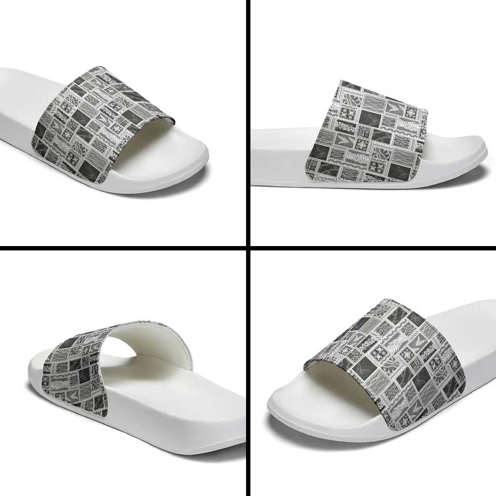Vintage Aloha Block Quilt Slide Sandals Black Inspired Lei Motifs - Polynesian Pride