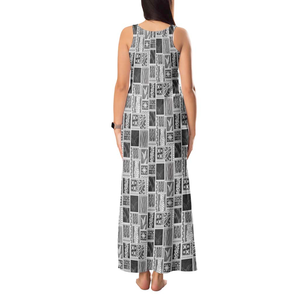 Vintage Aloha Block Quilt Tank Maxi Dress Black Inspired Lei Motifs - Polynesian Pride