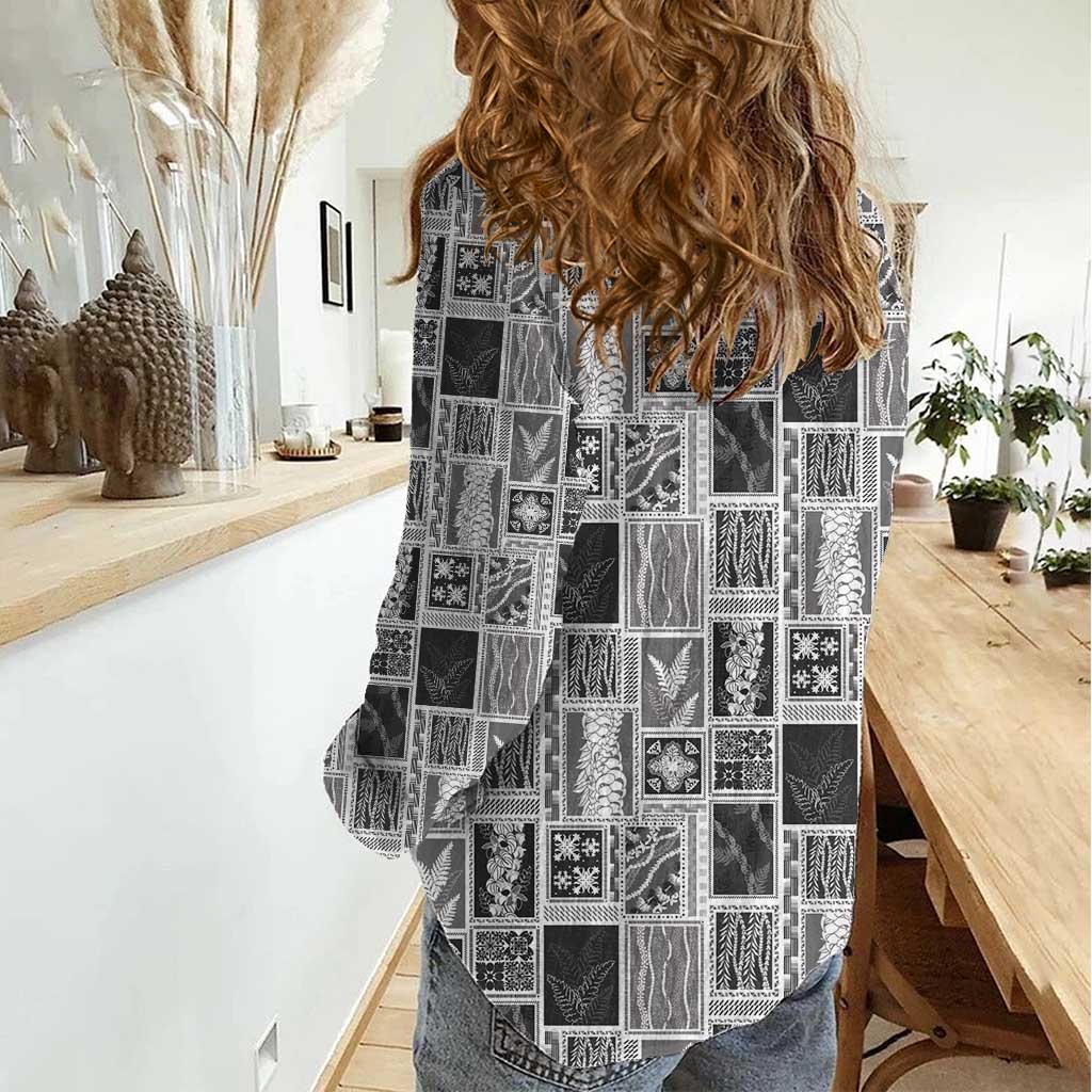 Vintage Aloha Block Quilt Women Casual Shirt Black Inspired Lei Motifs - Polynesian Pride