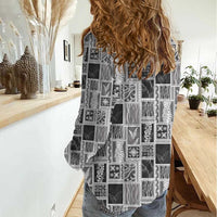 Vintage Aloha Block Quilt Women Casual Shirt Black Inspired Lei Motifs - Polynesian Pride