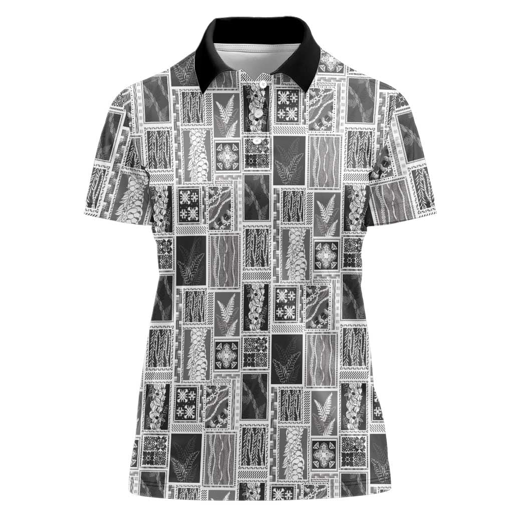 Vintage Aloha Block Quilt Women Polo Shirt Black Inspired Lei Motifs - Polynesian Pride
