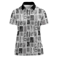 Vintage Aloha Block Quilt Women Polo Shirt Black Inspired Lei Motifs - Polynesian Pride