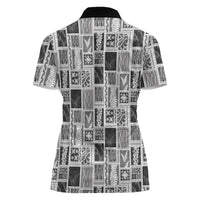 Vintage Aloha Block Quilt Women Polo Shirt Black Inspired Lei Motifs - Polynesian Pride