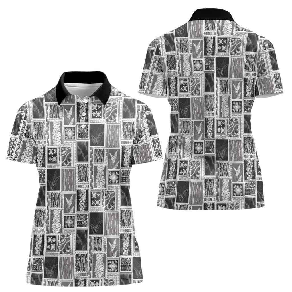 Vintage Aloha Block Quilt Women Polo Shirt Black Inspired Lei Motifs - Polynesian Pride