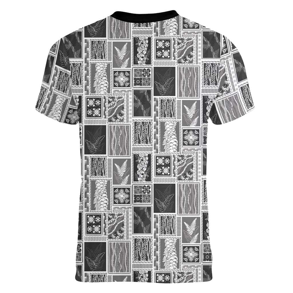 Vintage Aloha Block Quilt Women V-Neck T-Shirt Black Inspired Lei Motifs - Polynesian Pride