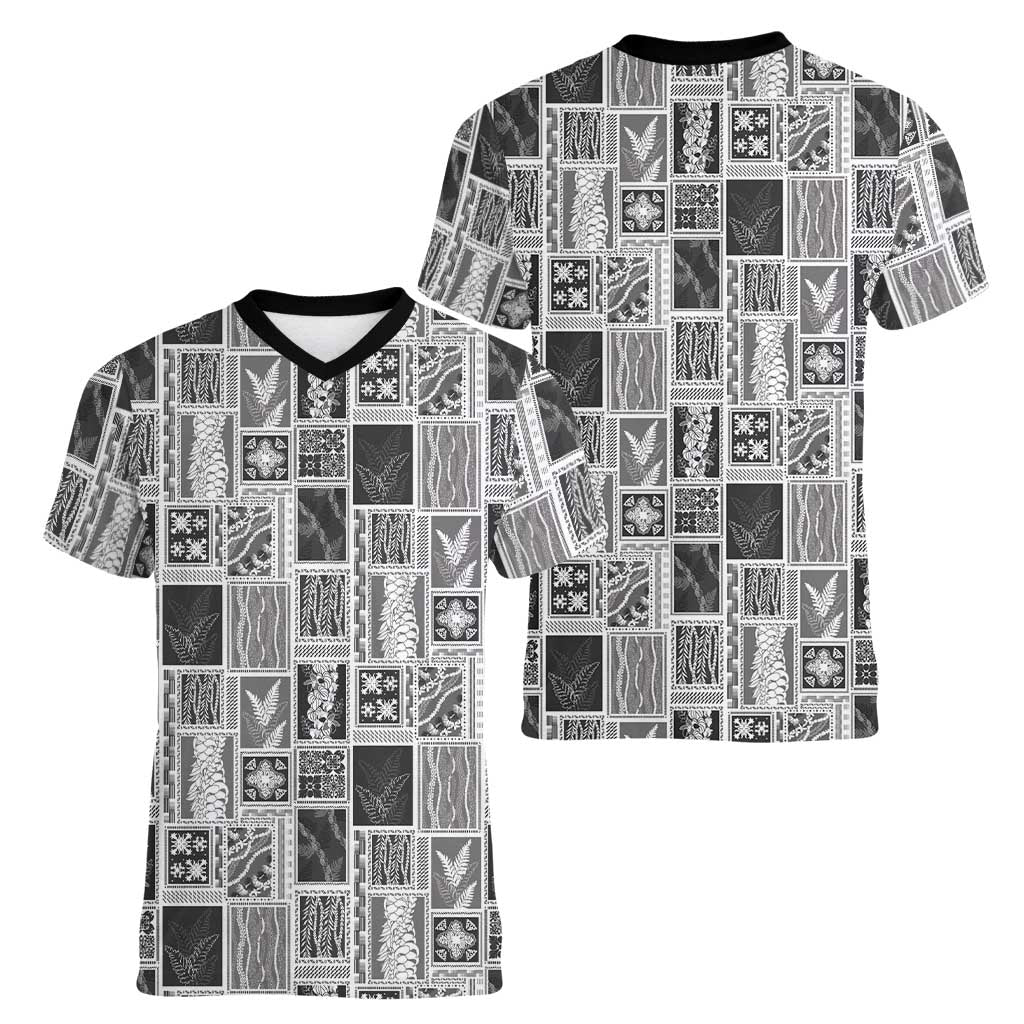 Vintage Aloha Block Quilt Women V-Neck T-Shirt Black Inspired Lei Motifs - Polynesian Pride