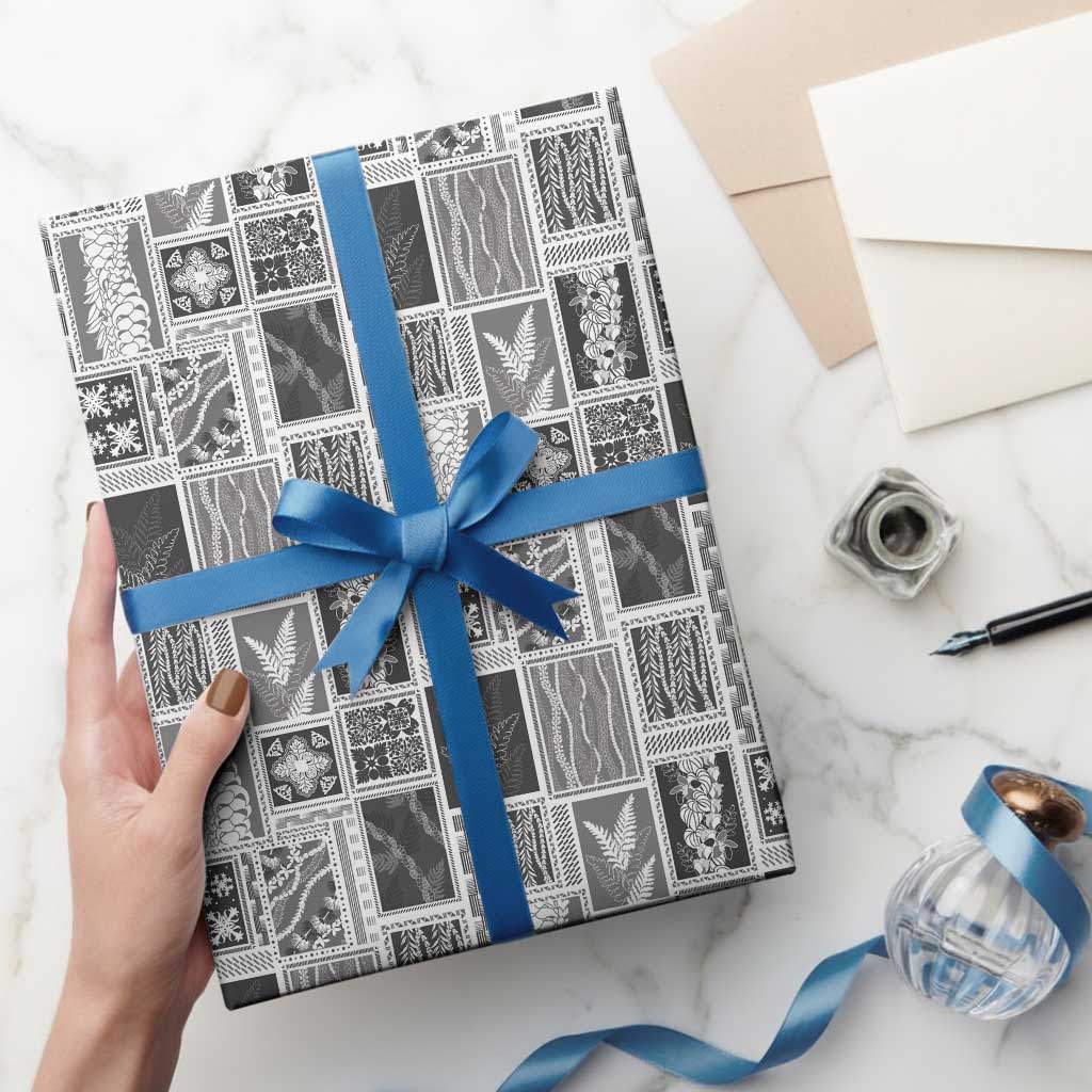 Vintage Aloha Block Quilt Wrapping Paper Black Inspired Lei Motifs - Polynesian Pride