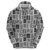 Vintage Aloha Block Quilt Zip Hoodie Black Inspired Lei Motifs - Polynesian Pride