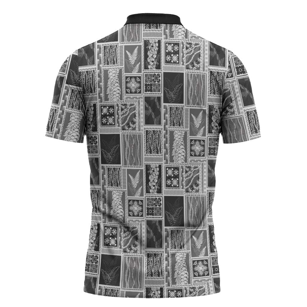 Vintage Aloha Block Quilt Zipper Polo Shirt Black Inspired Lei Motifs - Polynesian Pride