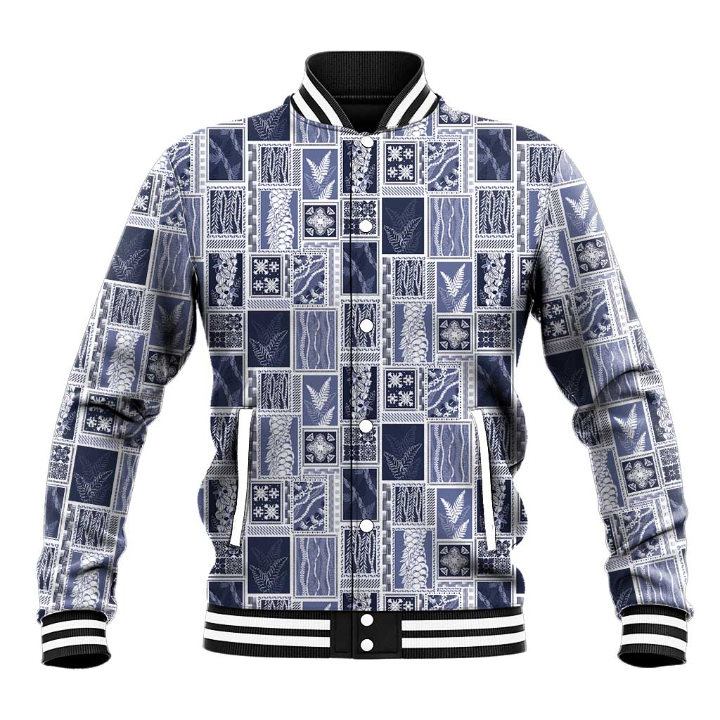 Vintage Aloha Block Quilt Baseball Jacket Blue Inspired Lei Motifs - Polynesian Pride