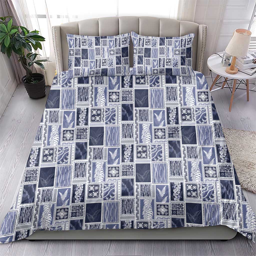 Vintage Aloha Block Quilt Bedding Set Blue Inspired Lei Motifs - Polynesian Pride