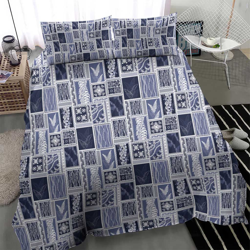 Vintage Aloha Block Quilt Bedding Set Blue Inspired Lei Motifs - Polynesian Pride