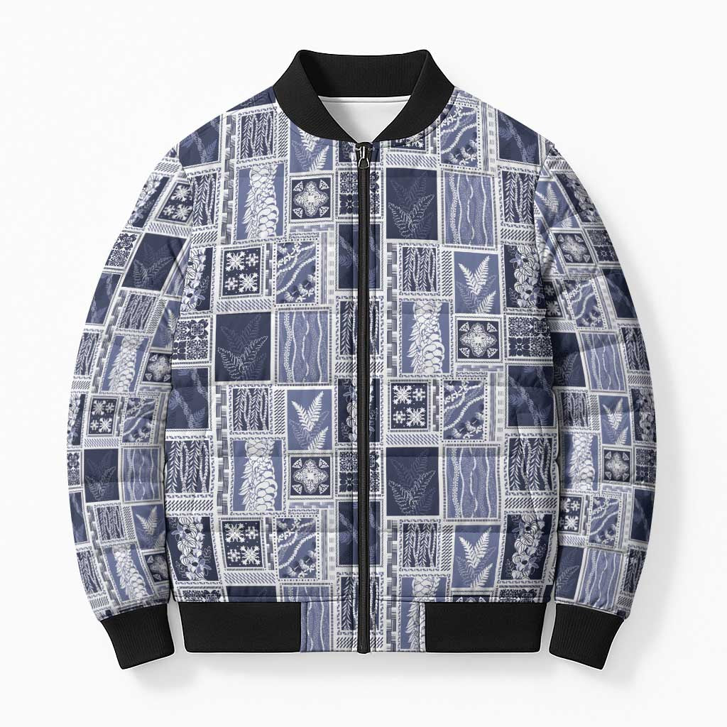 Vintage Aloha Block Quilt Bomber Puffer Jacket Blue Inspired Lei Motifs - Polynesian Pride