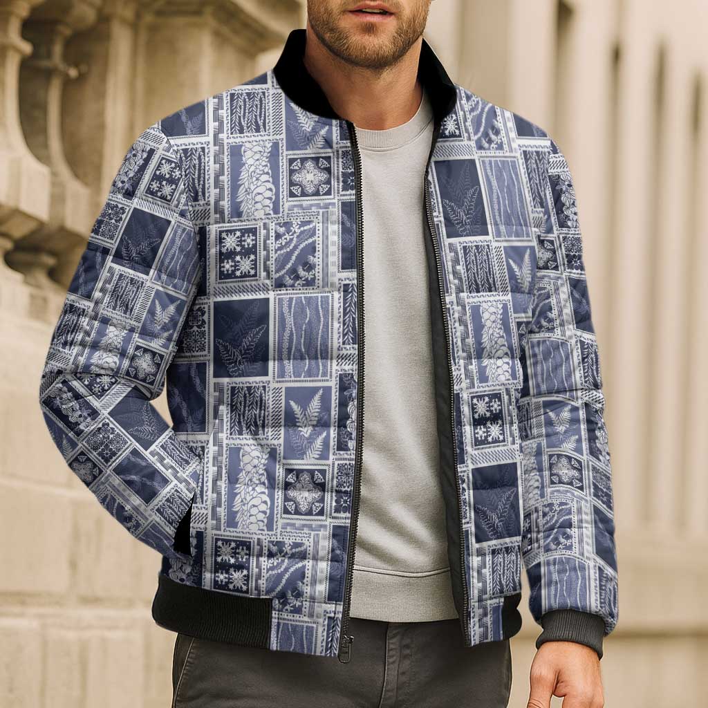 Vintage Aloha Block Quilt Bomber Puffer Jacket Blue Inspired Lei Motifs - Polynesian Pride