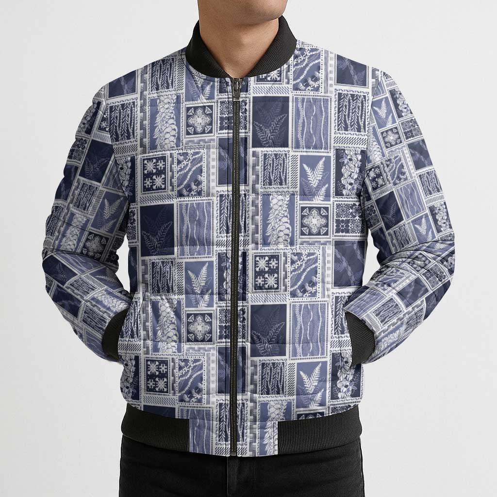 Vintage Aloha Block Quilt Bomber Puffer Jacket Blue Inspired Lei Motifs - Polynesian Pride