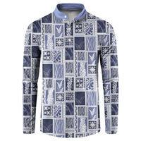 Vintage Aloha Block Quilt Button Sweatshirt Blue Inspired Lei Motifs - Polynesian Pride