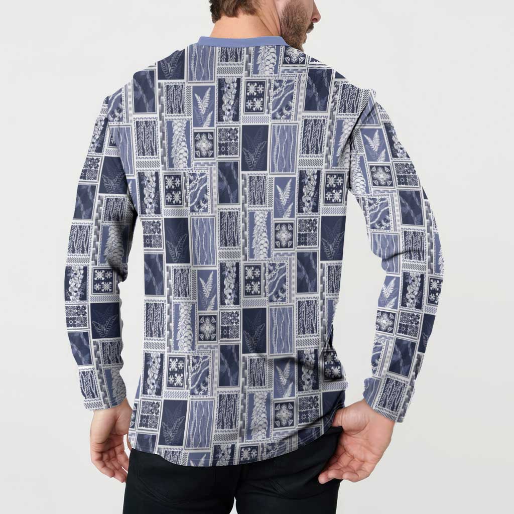 Vintage Aloha Block Quilt Button Sweatshirt Blue Inspired Lei Motifs - Polynesian Pride