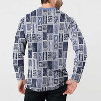 Vintage Aloha Block Quilt Button Sweatshirt Blue Inspired Lei Motifs - Polynesian Pride