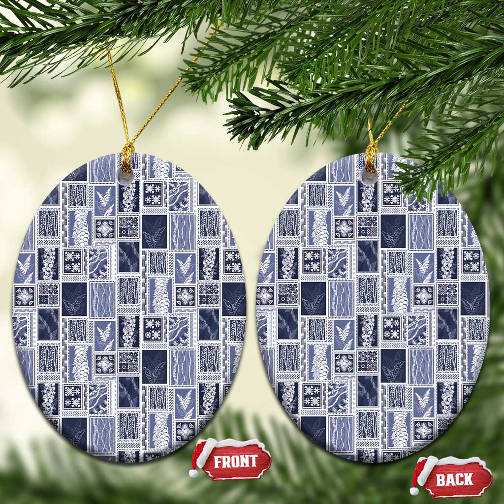 Vintage Aloha Block Quilt Ceramic Ornament Blue Inspired Lei Motifs - Polynesian Pride