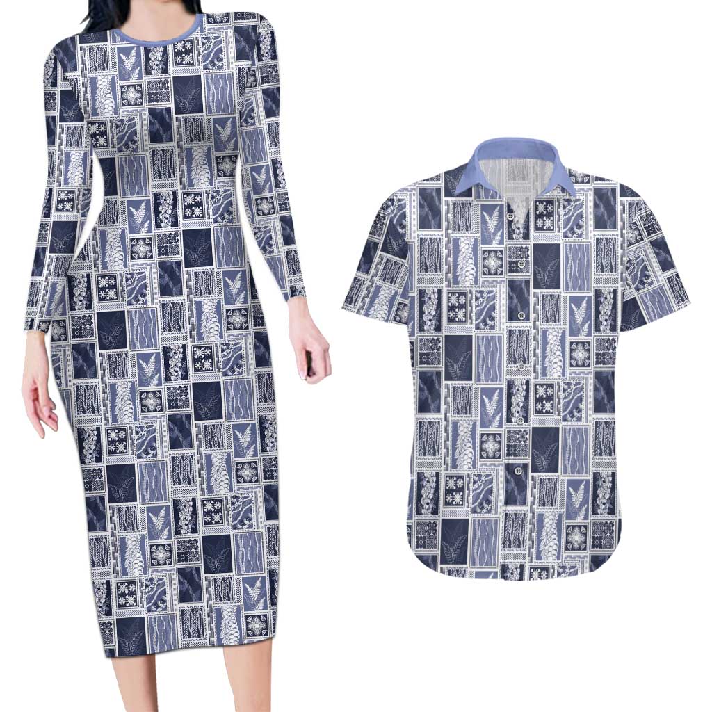Vintage Aloha Block Quilt Couples Matching Long Sleeve Bodycon Dress and Hawaiian Shirt Blue Inspired Lei Motifs LT9 Blue - Polynesian Pride