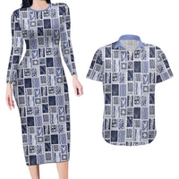 Vintage Aloha Block Quilt Couples Matching Long Sleeve Bodycon Dress and Hawaiian Shirt Blue Inspired Lei Motifs LT9 Blue - Polynesian Pride