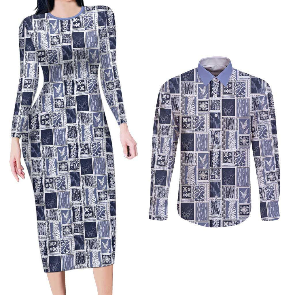 Vintage Aloha Block Quilt Couples Matching Long Sleeve Bodycon Dress and Long Sleeve Button Shirt Blue Inspired Lei Motifs - Polynesian Pride
