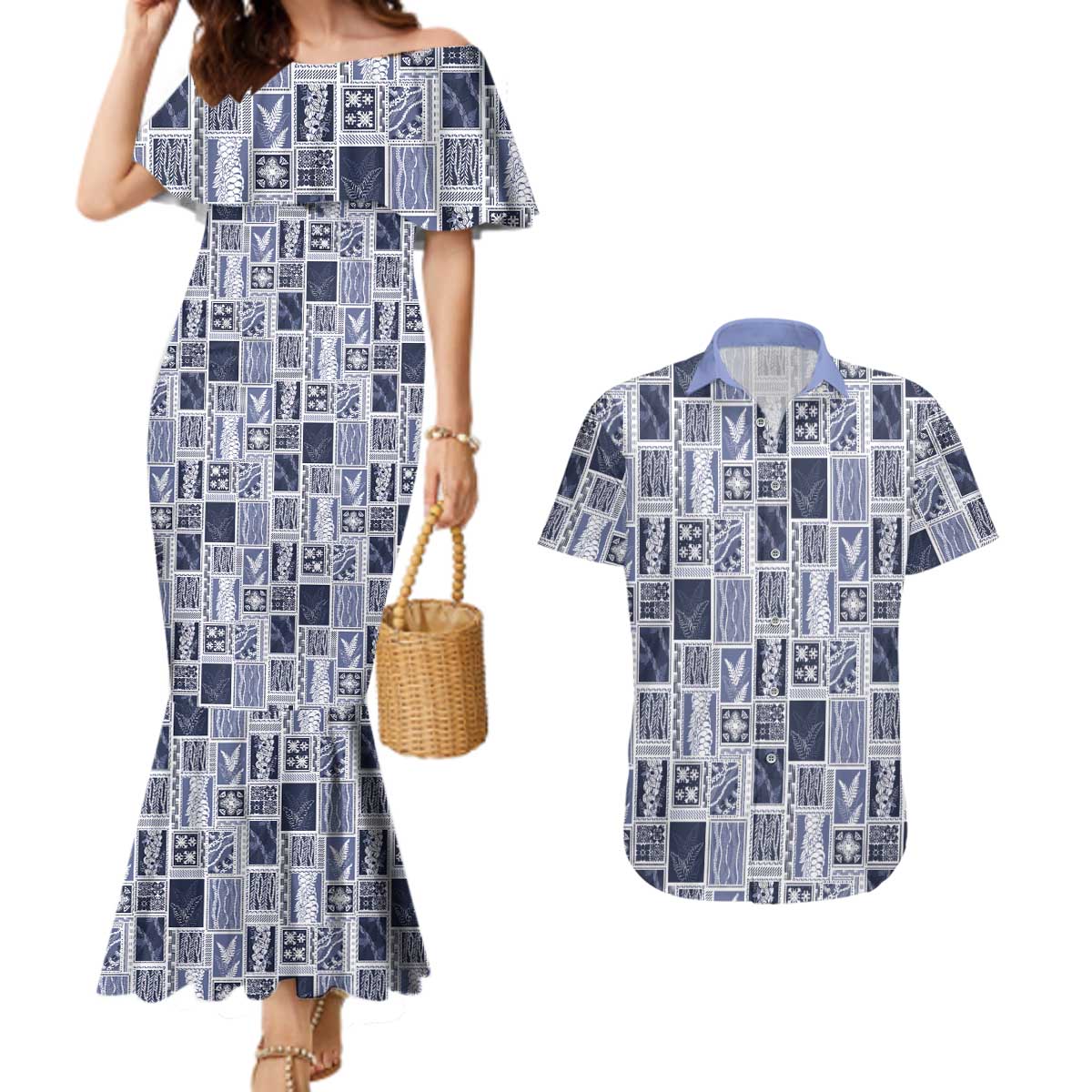 Vintage Aloha Block Quilt Couples Matching Mermaid Dress and Hawaiian Shirt Blue Inspired Lei Motifs - Polynesian Pride