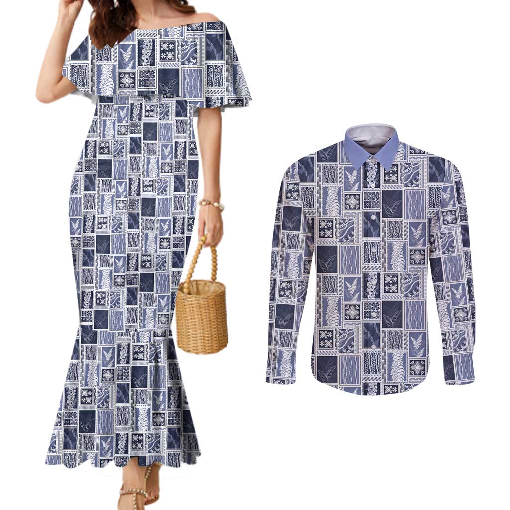 Vintage Aloha Block Quilt Couples Matching Mermaid Dress and Long Sleeve Button Shirt Blue Inspired Lei Motifs - Polynesian Pride