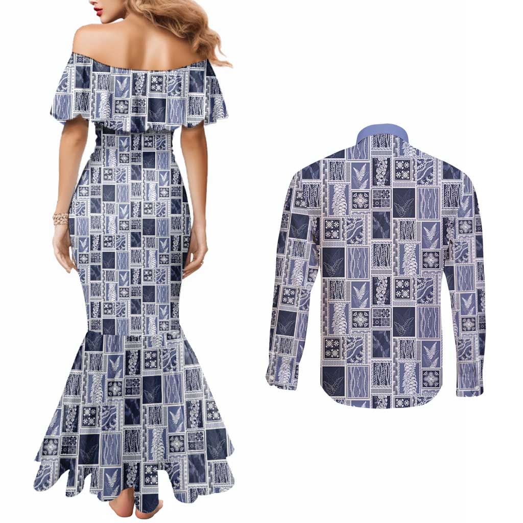 Vintage Aloha Block Quilt Couples Matching Mermaid Dress and Long Sleeve Button Shirt Blue Inspired Lei Motifs - Polynesian Pride