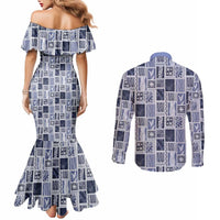 Vintage Aloha Block Quilt Couples Matching Mermaid Dress and Long Sleeve Button Shirt Blue Inspired Lei Motifs - Polynesian Pride