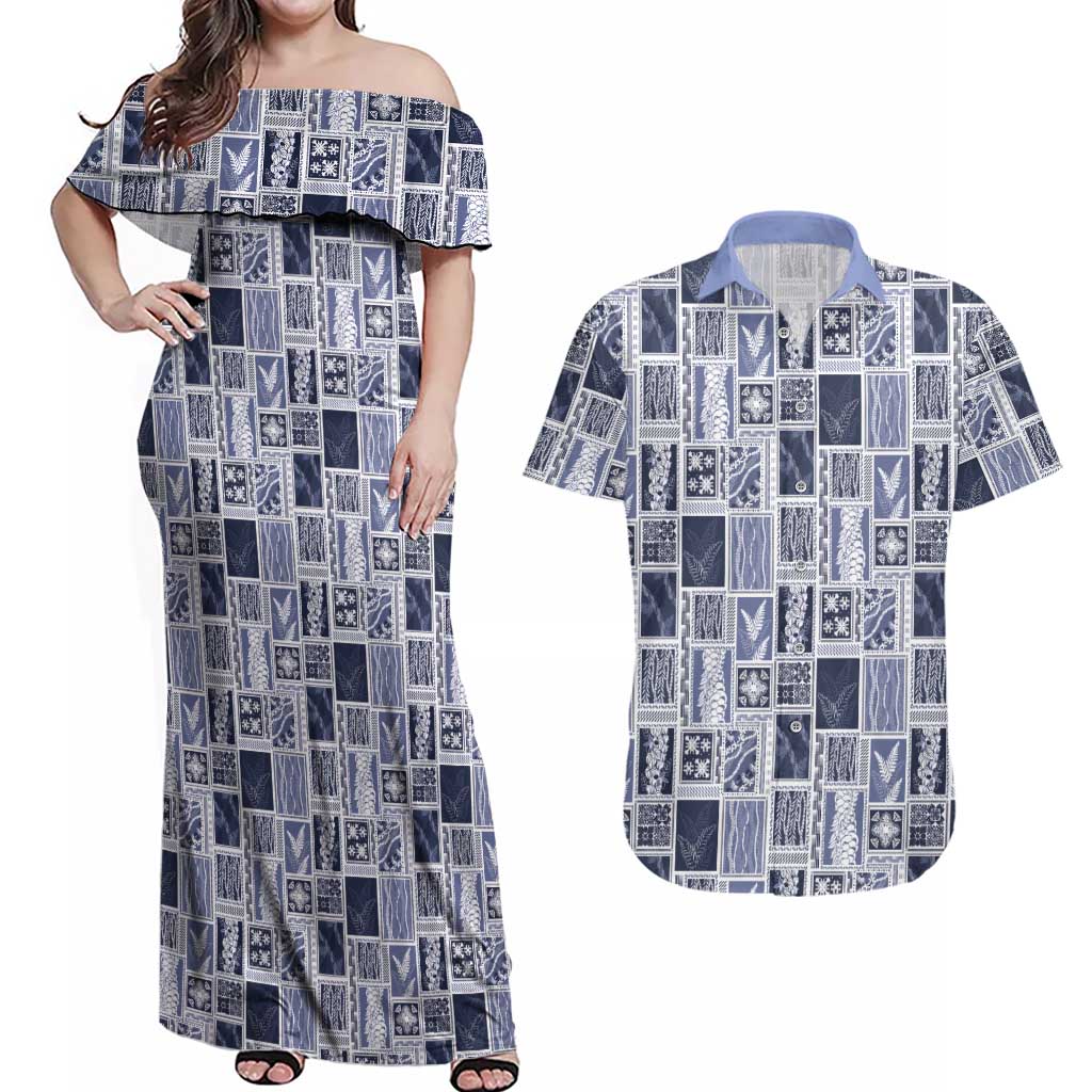 Vintage Aloha Block Quilt Couples Matching Off Shoulder Maxi Dress and Hawaiian Shirt Blue Inspired Lei Motifs - Polynesian Pride