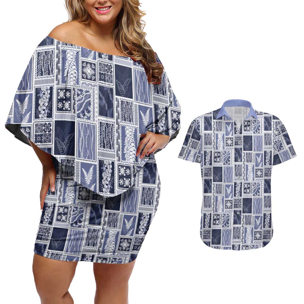 Vintage Aloha Block Quilt Couples Matching Off Shoulder Short Dress and Hawaiian Shirt Blue Inspired Lei Motifs - Polynesian Pride