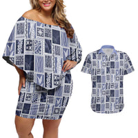 Vintage Aloha Block Quilt Couples Matching Off Shoulder Short Dress and Hawaiian Shirt Blue Inspired Lei Motifs - Polynesian Pride
