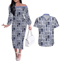 Vintage Aloha Block Quilt Couples Matching Off The Shoulder Long Sleeve Dress and Hawaiian Shirt Blue Inspired Lei Motifs LT9 Blue - Polynesian Pride