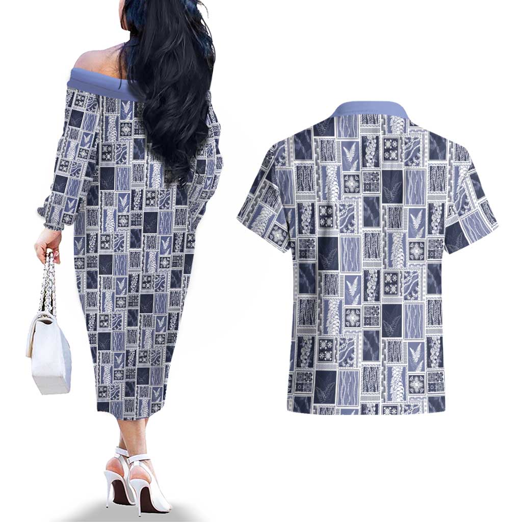 Vintage Aloha Block Quilt Couples Matching Off The Shoulder Long Sleeve Dress and Hawaiian Shirt Blue Inspired Lei Motifs LT9 - Polynesian Pride