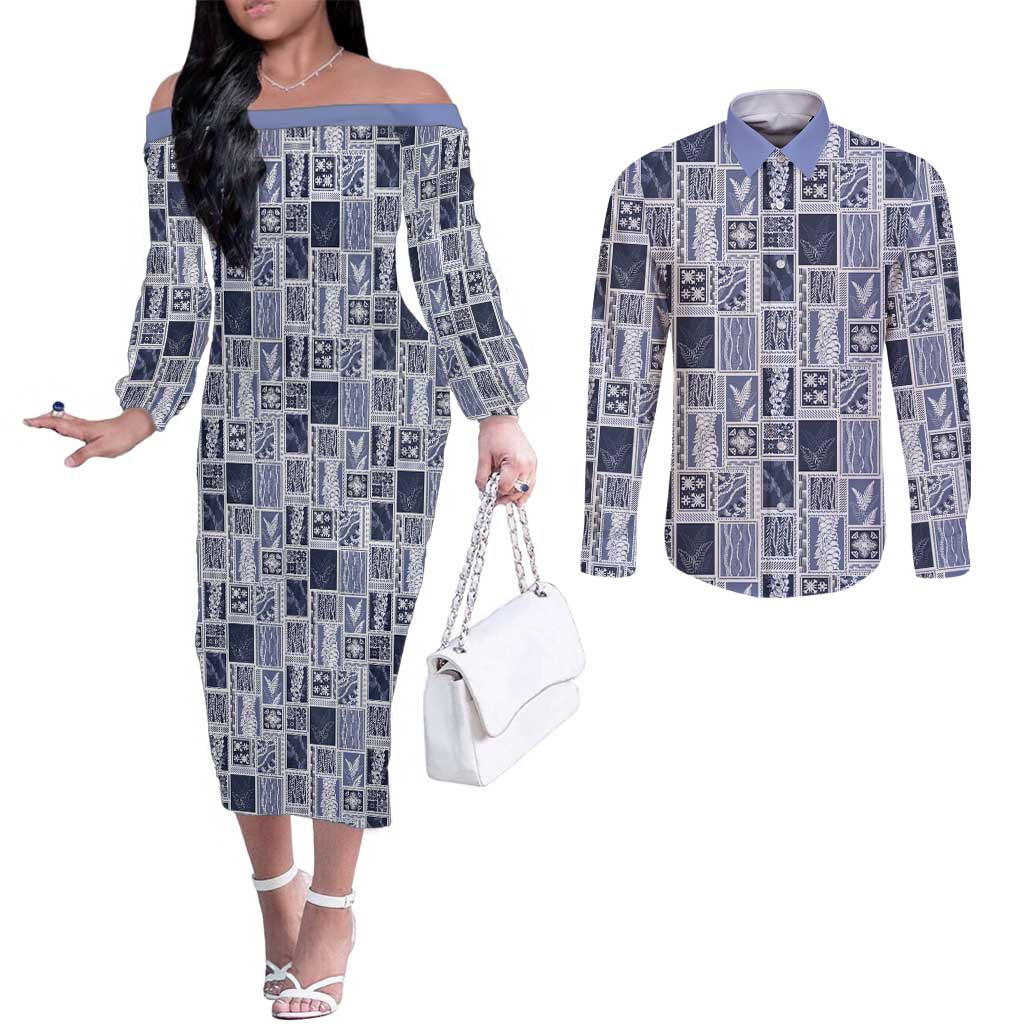 Vintage Aloha Block Quilt Couples Matching Off The Shoulder Long Sleeve Dress and Long Sleeve Button Shirt Blue Inspired Lei Motifs - Polynesian Pride