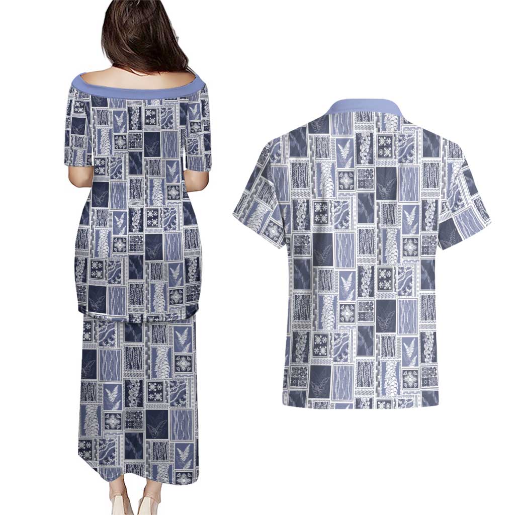 Vintage Aloha Block Quilt Couples Matching Puletasi and Hawaiian Shirt Blue Inspired Lei Motifs LT9 - Polynesian Pride
